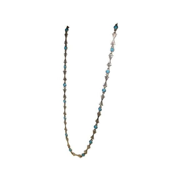 Blue Turquoise Silver Tone Station Vintage Bohemian Minimalist Necklace 27” - Picture 9 of 13